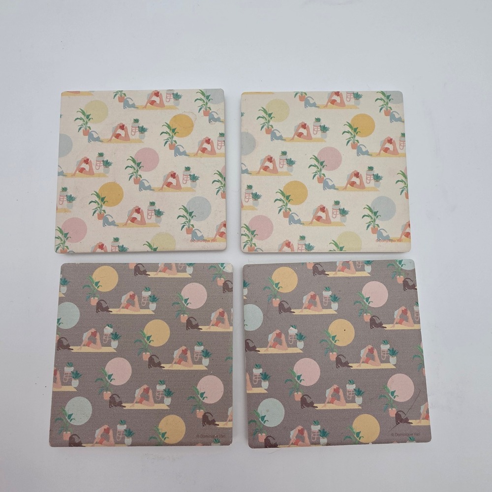 Yoga Cat Absorbent Stone Coasters Set of 4 Cream Grey Cork Back Bohemian Decor